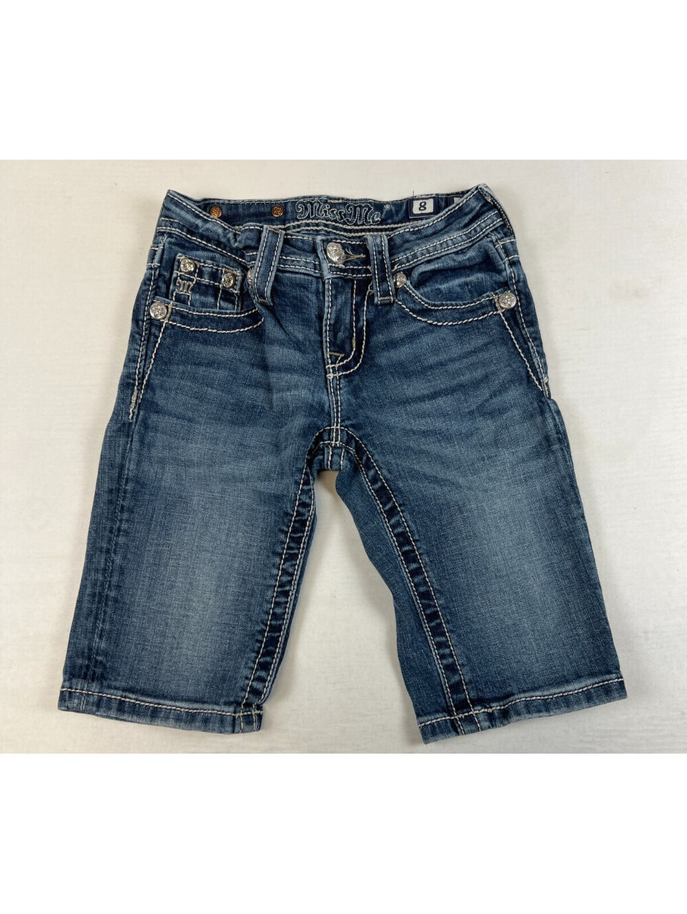Miss Me Girls 8 Blue Denim Bermuda Shorts Rhinestone Embellished Pockets Y2K